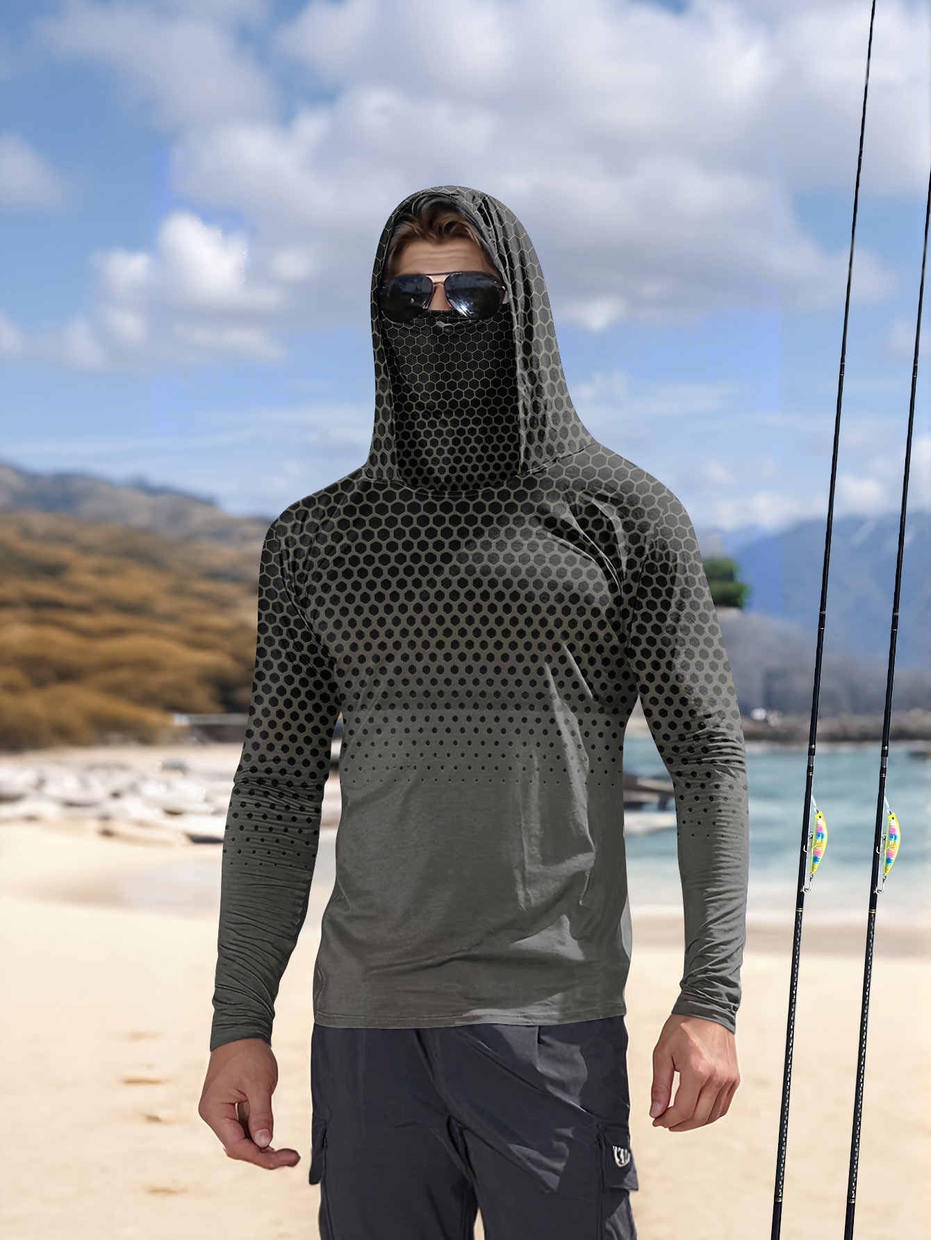 Fishing Hoodie - Herren Sommer UPF50+ Angel-Hoodie mit Gesichtsmaske,